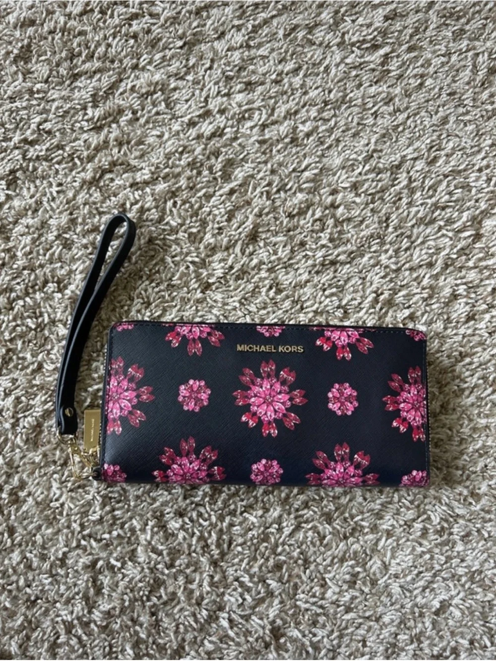 Michael Kors Black Wristlet Wallet with Pink Floral Print - Picture 1 of 10